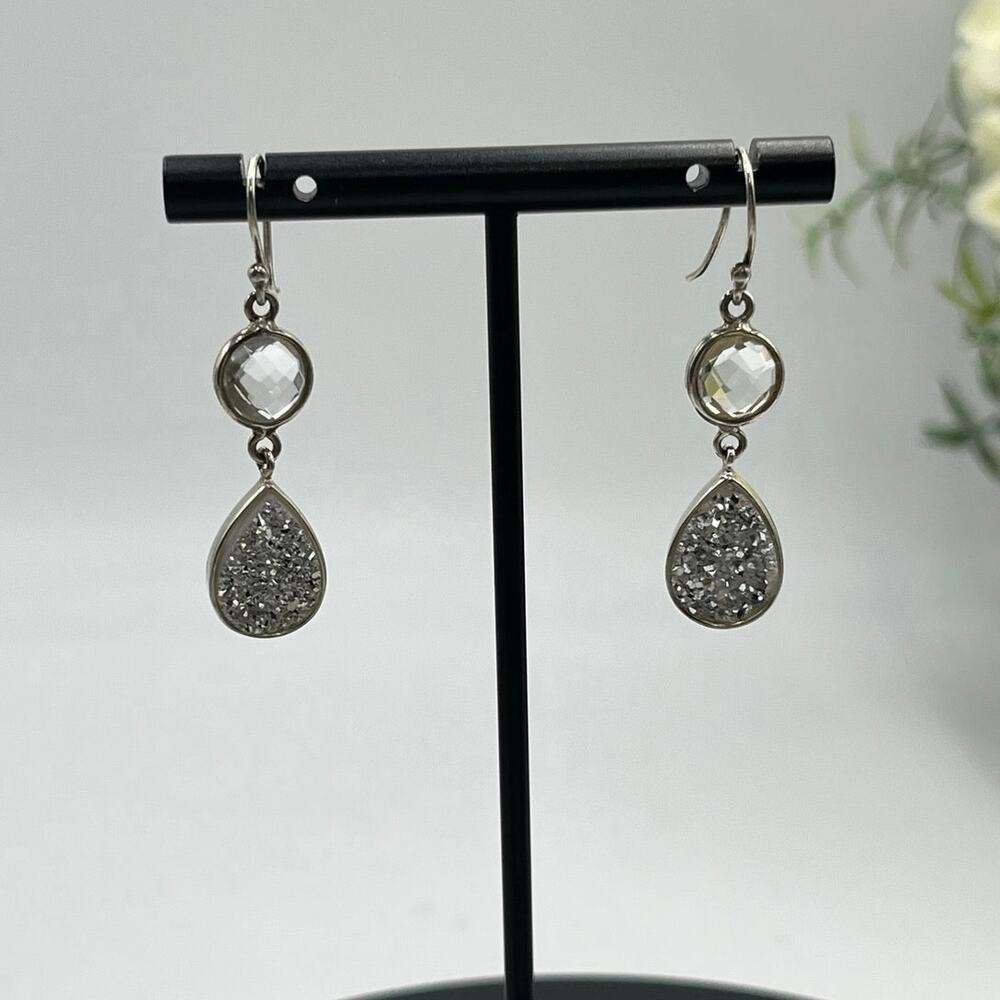 Vintage Sterling Silver 925 Titanium Druzy Clear Rock Quartz Dangle Earrings